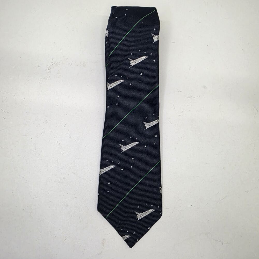 Smithsonian Institution Columbia Space Shuttle Blue Necktie Silk Poly Blend Vtg